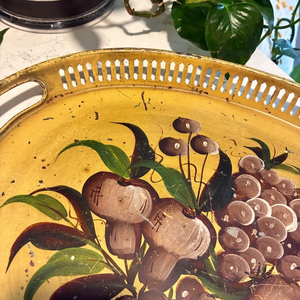 Vtg Toleware Serving Tray Hand Painted Farmhouse Cottage Mid Cent French Country